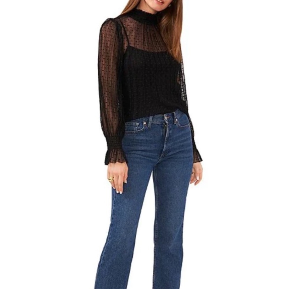1.state mock neck smocked sheer dot long sleeve blouse in black 2X